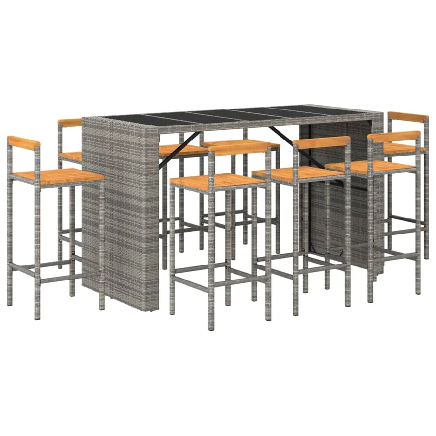Ensemble de bar jardin 9 pcs gris poly rotin/bois massif acacia - 3