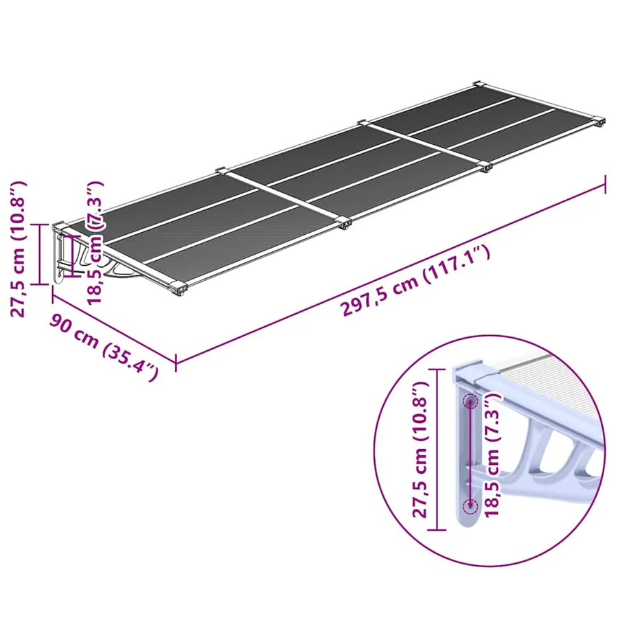Auvent de porte Gris et transparent 297,5x90 cm Polycarbonate - 6