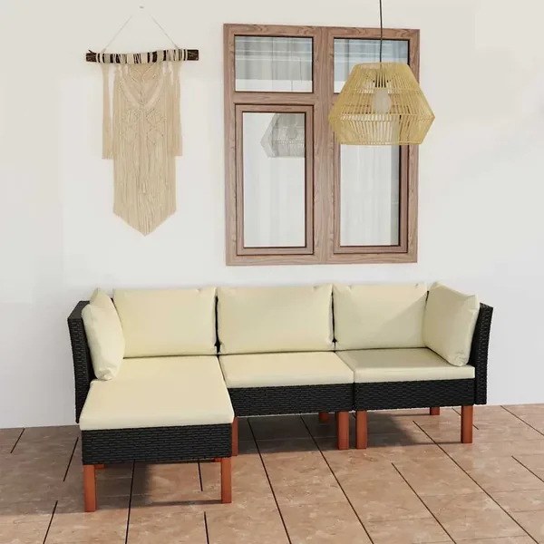 Salon de jardin 4 pcs avec coussins Résine tressée Noir