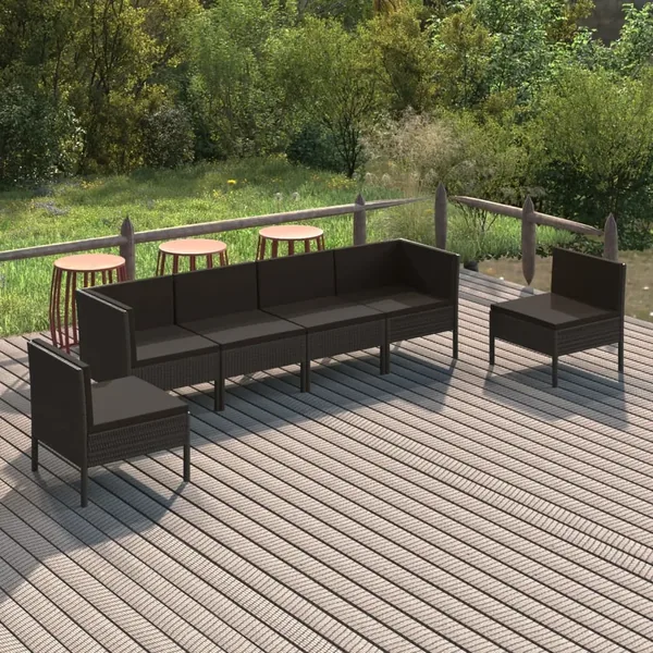 Salon de jardin 6 pcs avec coussins résine tressée noir