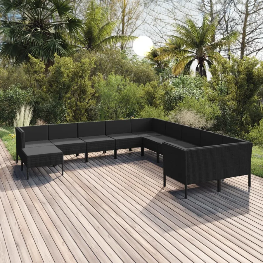 Salon de jardin 11 pcs avec coussins Résine tressée Noir