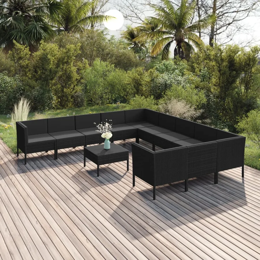 Salon de jardin 12 pcs avec coussins résine tressée noir