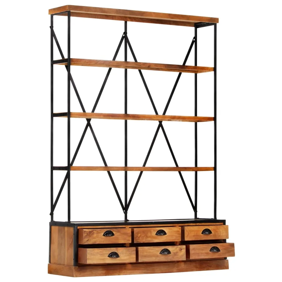 Bibliothèque à 4 étagères avec 6 tiroirs 122x36x181 cm Manguier - 2
