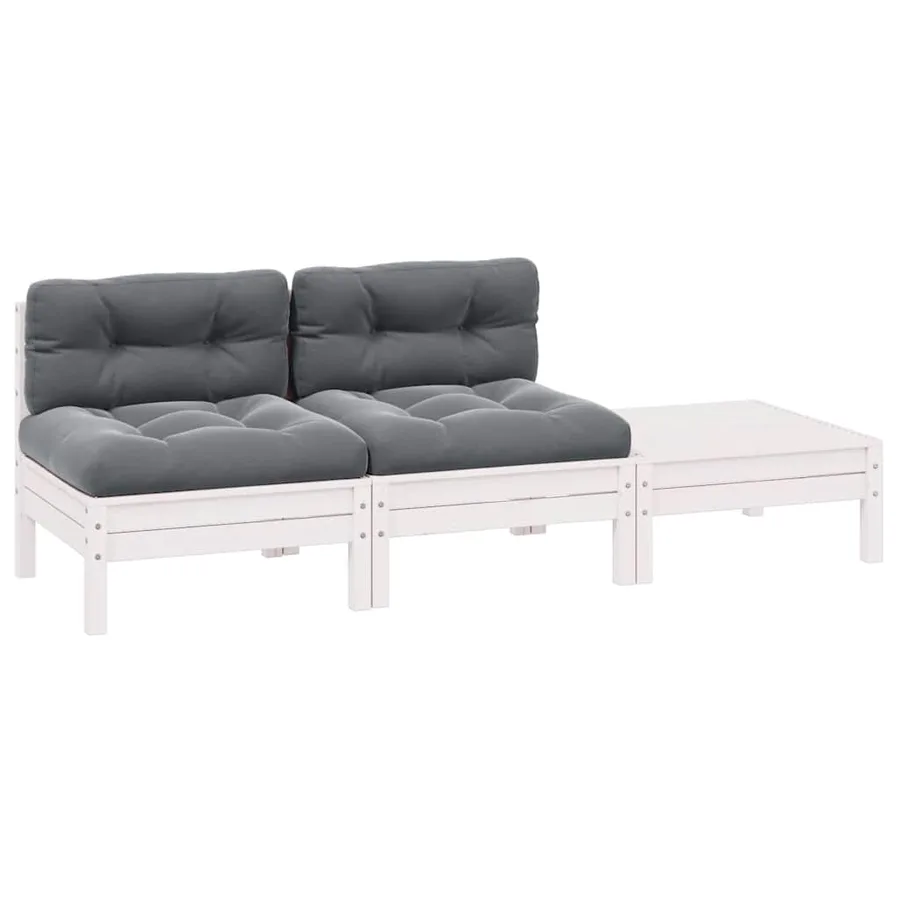 Salon de jardin 3 pcs avec coussins Blanc Bois de pin massif - 2