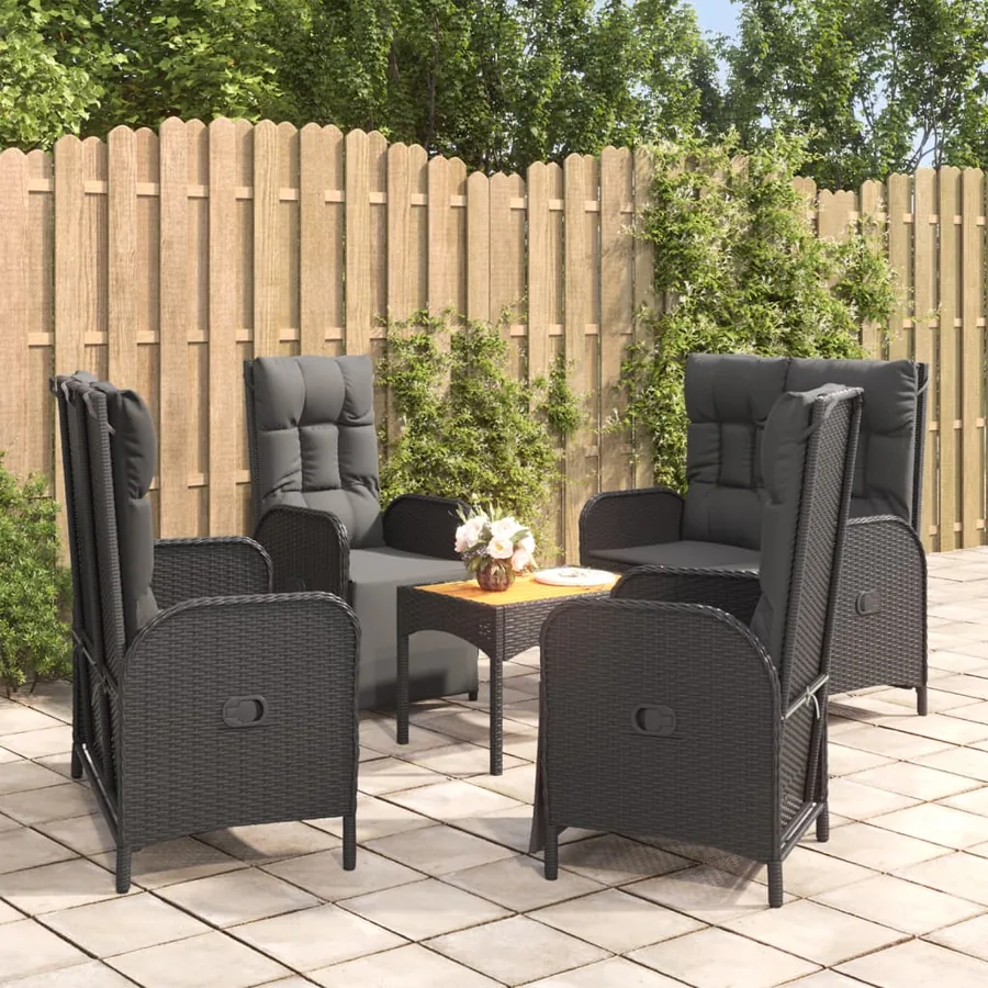 Ensemble à manger de jardin coussins 5pcs Noir Résine tressée