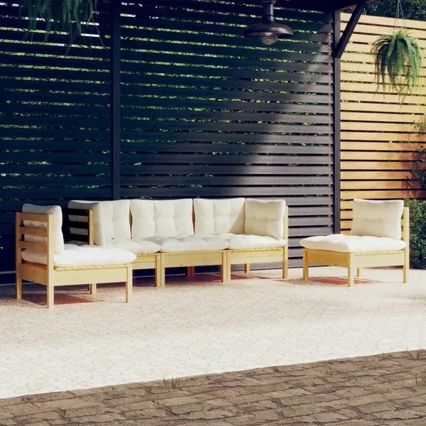 Salon de jardin 5 pcs avec coussins crème bois de pin massif
