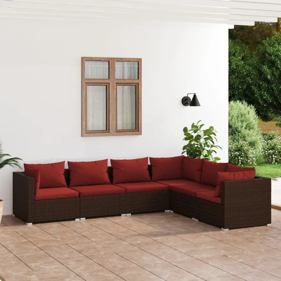 Salon de jardin 6 pcs avec coussins Résine tressée Marron