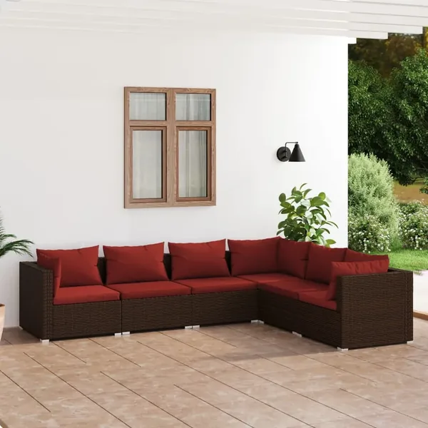 Salon de jardin 6 pcs avec coussins Résine tressée Marron