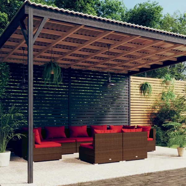 Salon de jardin 9 pcs avec coussins Marron Résine tressée