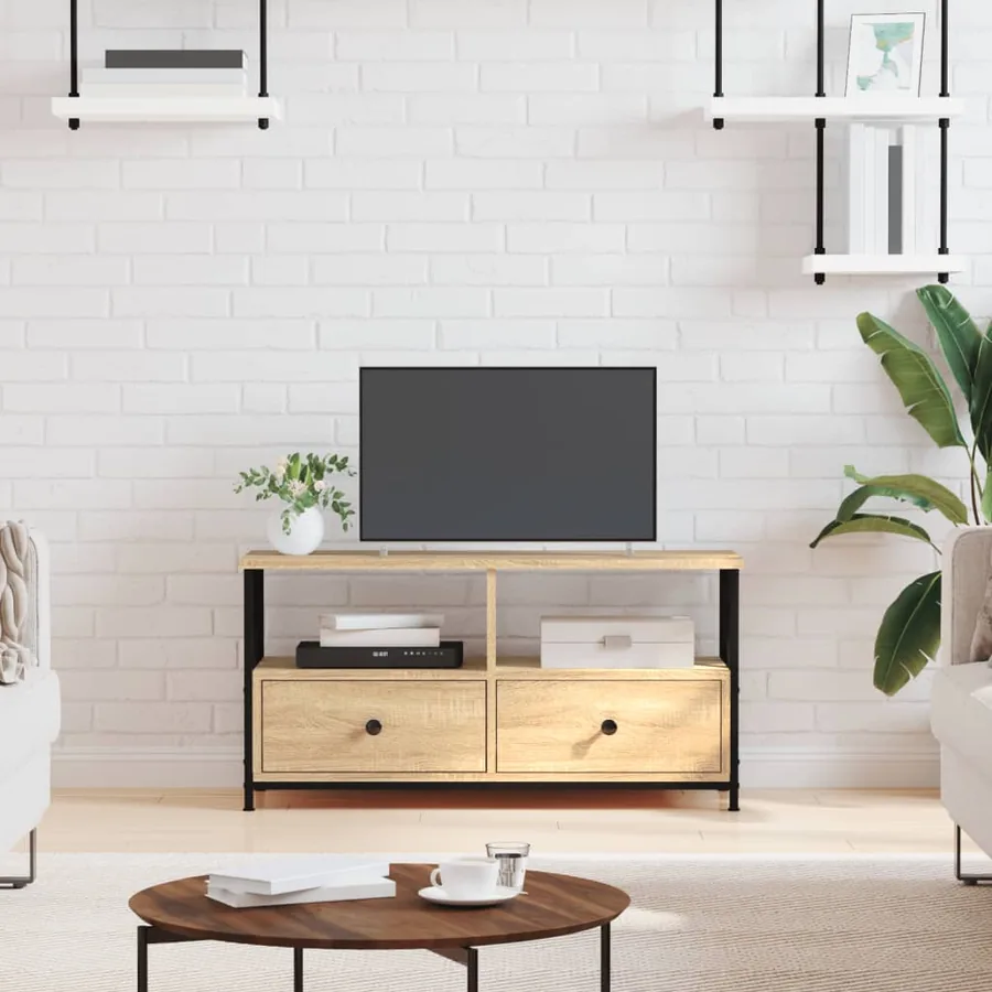 Meuble TV chêne sonoma 90x33x45 cm bois d'ingénierie et fer