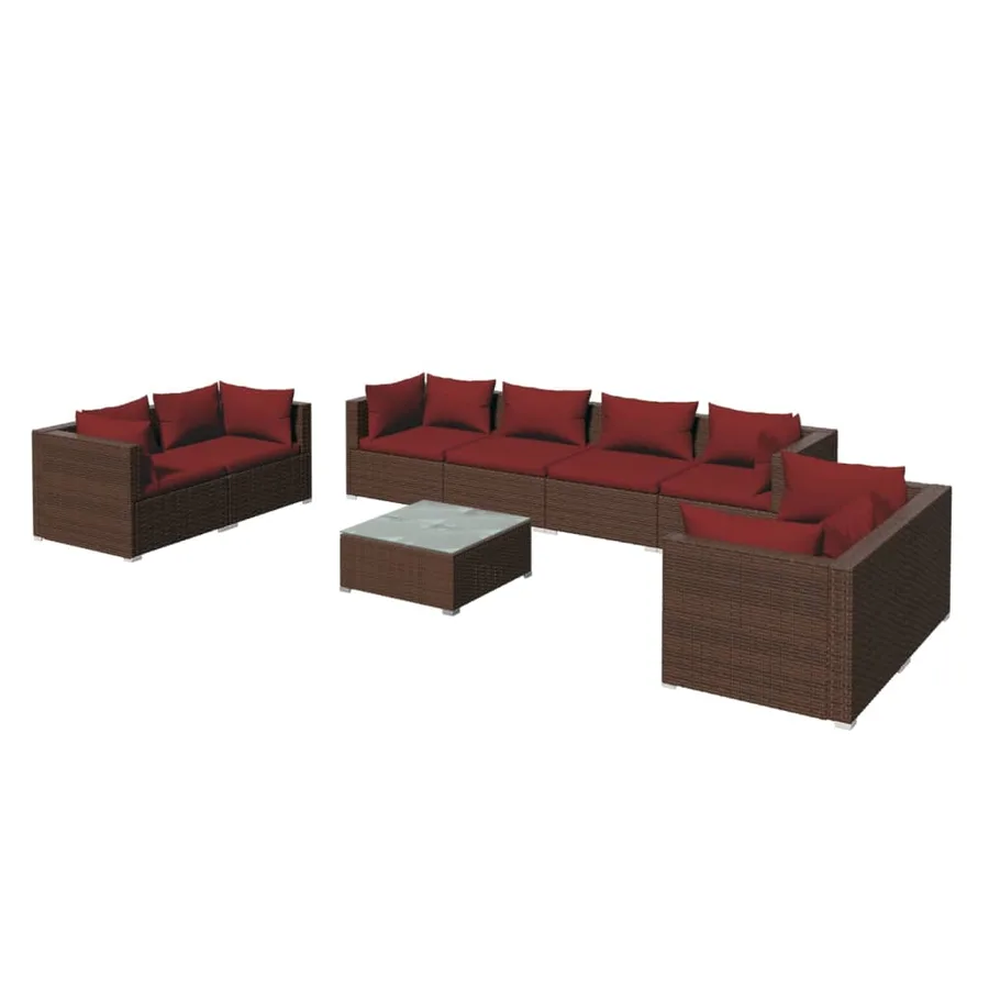 Salon de jardin 9 pcs avec coussins Résine tressée Marron - 2