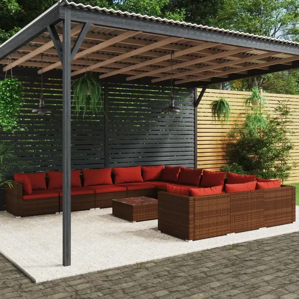 Salon de jardin 12 pcs avec coussins Résine tressée Marron