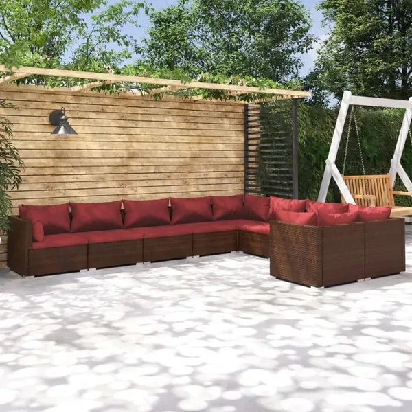 Salon de jardin 9 pcs avec coussins Résine tressée Marron