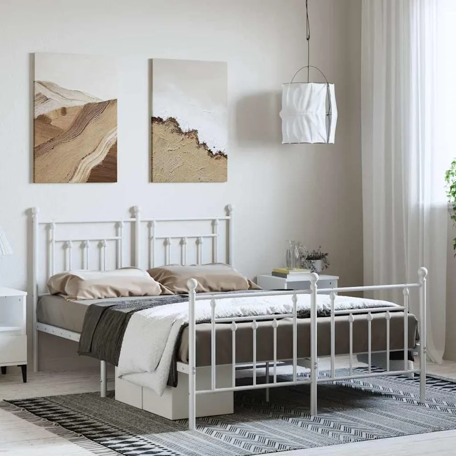 Cadre de lit métal sans matelas et pied de lit blanc 150x200 cm