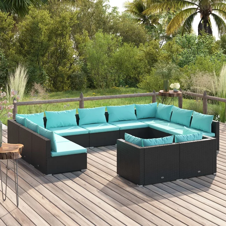 Salon de jardin 11 pcs avec coussins Noir Résine tressée