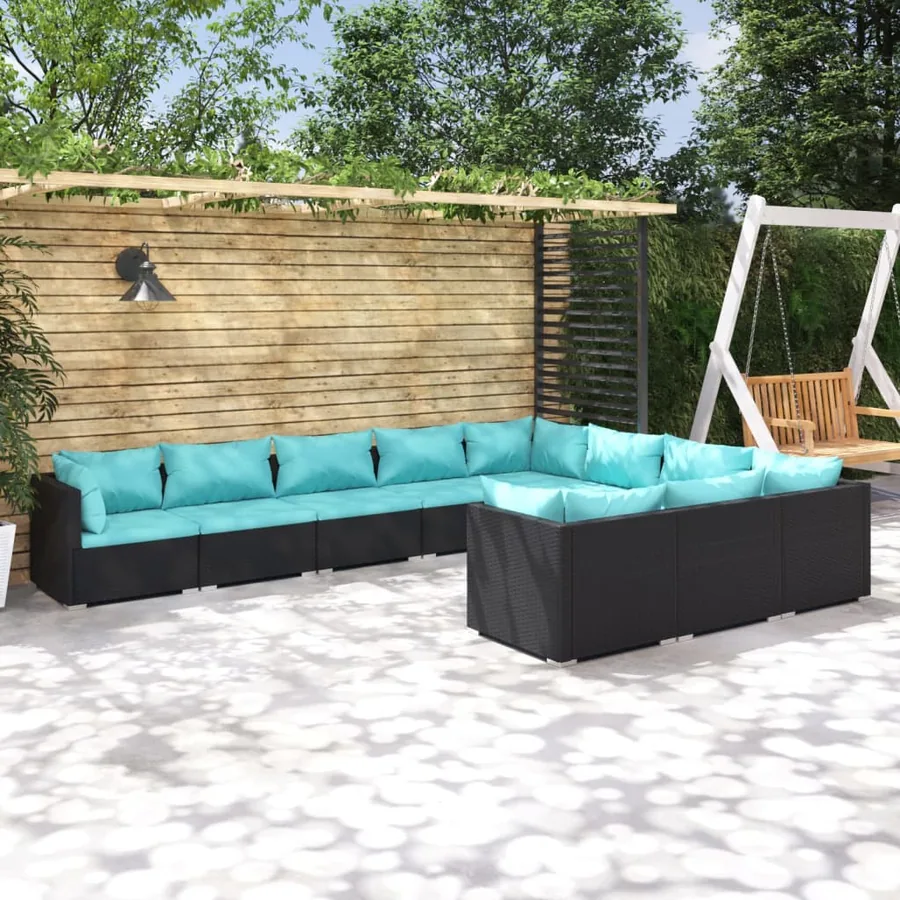Salon de jardin 10 pcs avec coussins Résine tressée Noir