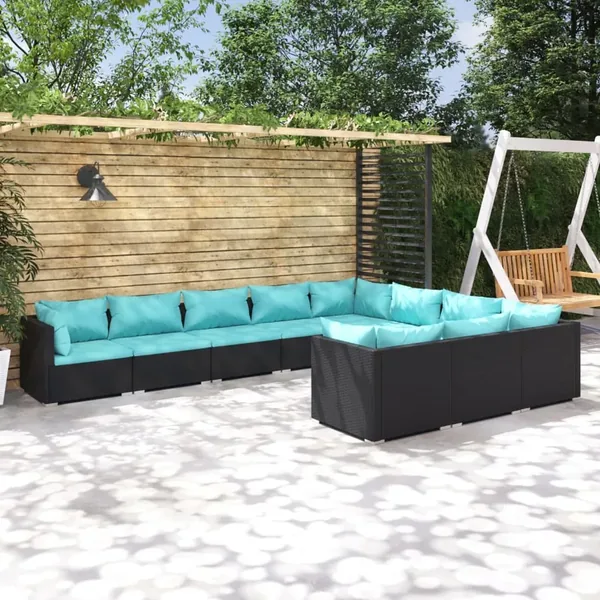 Salon de jardin 10 pcs avec coussins Résine tressée Noir