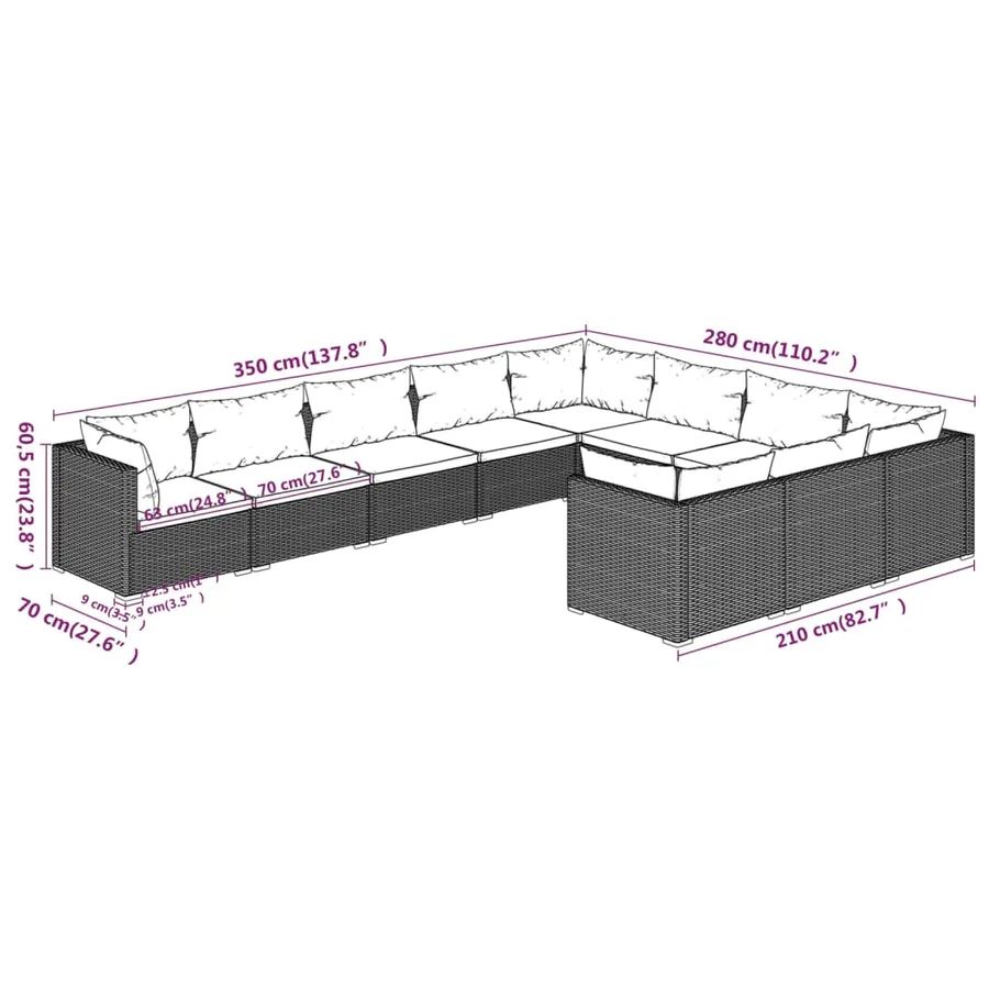 Salon de jardin 10 pcs avec coussins Résine tressée Noir - 7