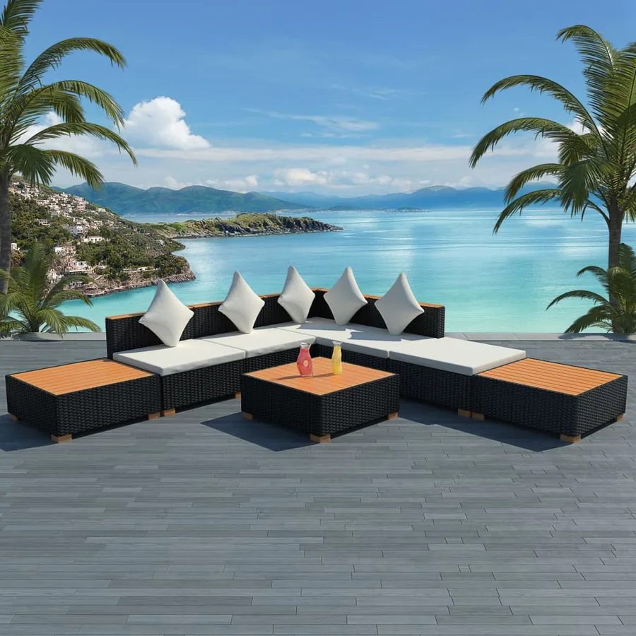 Salon de jardin 8 pcs avec coussins résine tressée noir
