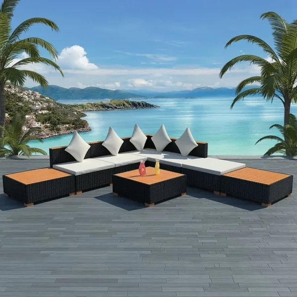 Salon de jardin 8 pcs avec coussins résine tressée noir