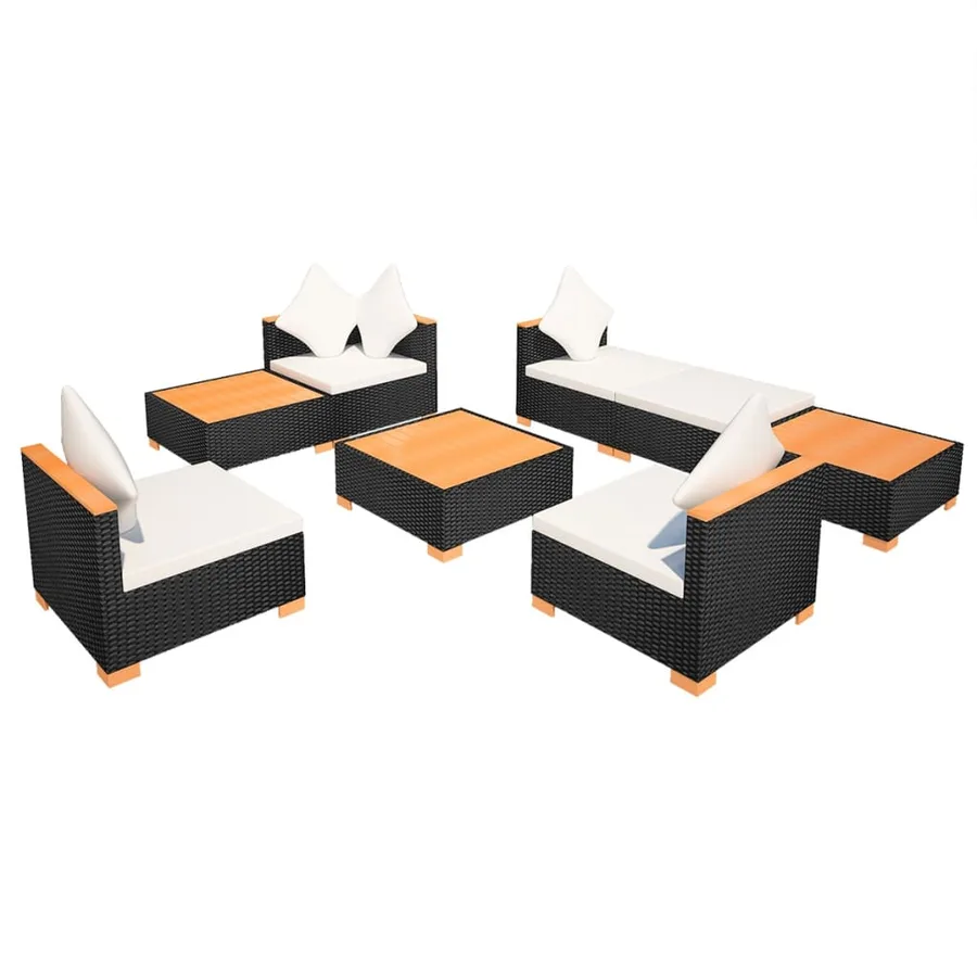 Salon de jardin 8 pcs avec coussins résine tressée noir - 6