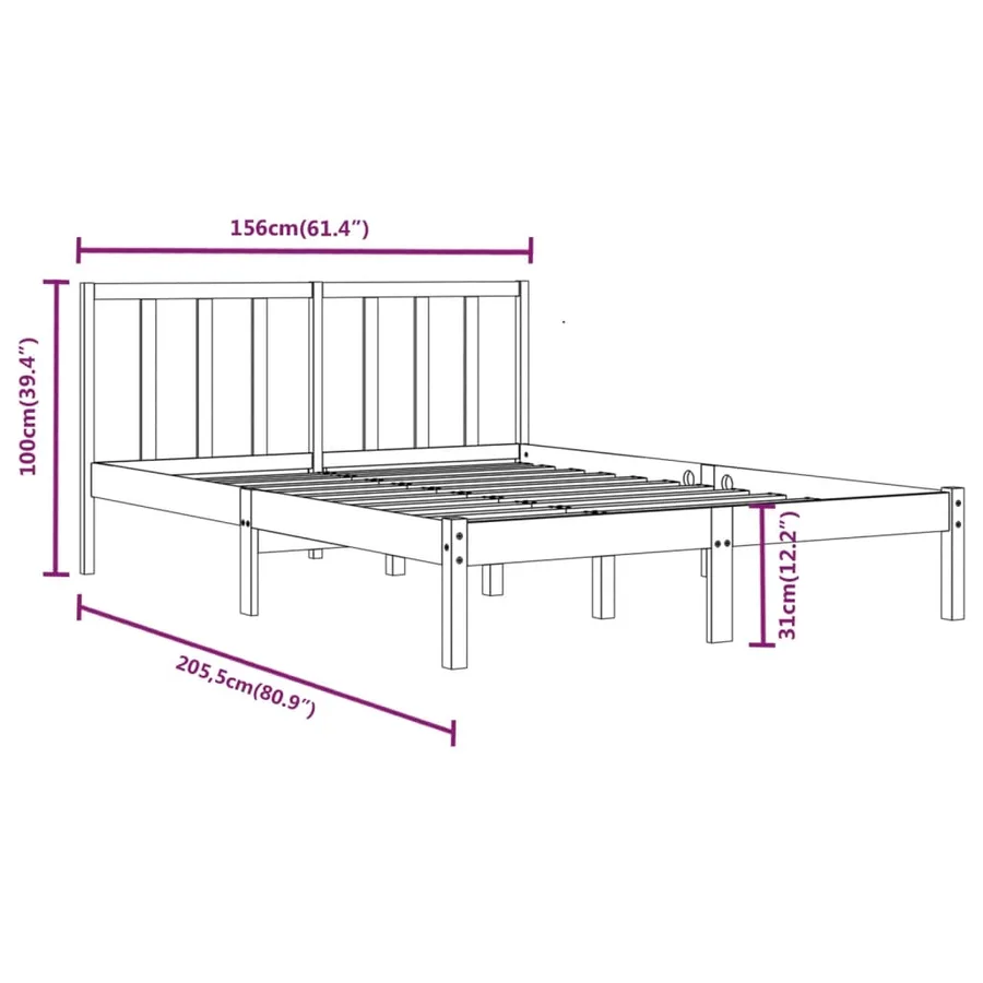 Cadre de lit sans matelas noir bois de pin massif 150x200 cm - 6