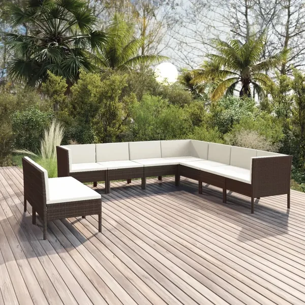 Salon de jardin 9 pcs avec coussins résine tressée marron