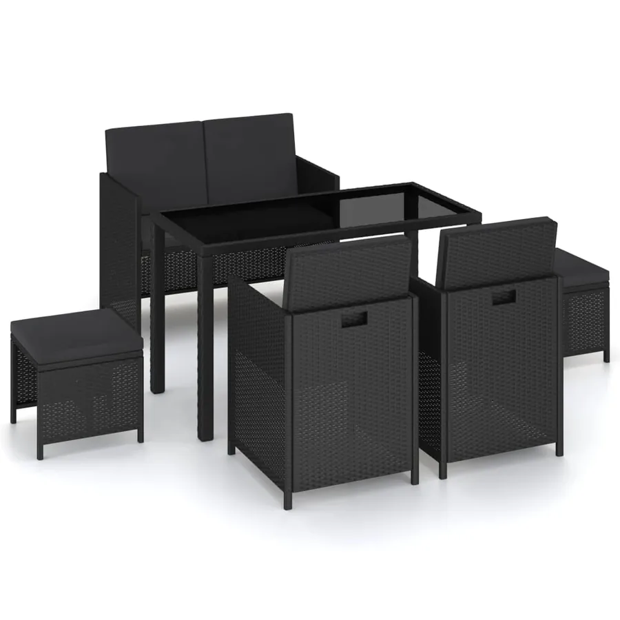Mobilier à dîner de jardin 6pcs et coussins Résine tressée Noir