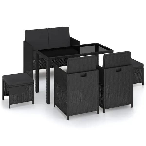 Mobilier à dîner de jardin 6pcs et coussins Résine tressée Noir