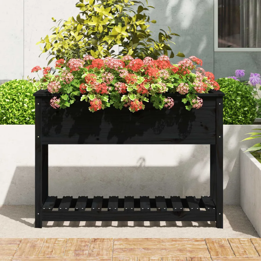Jardinière avec étagère Noir 111,5x54x81 cm Bois massif de pin - 3