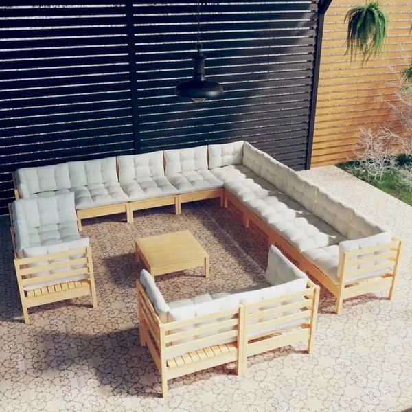Salon de jardin 14 pcs avec coussins crème Bois de pin solide