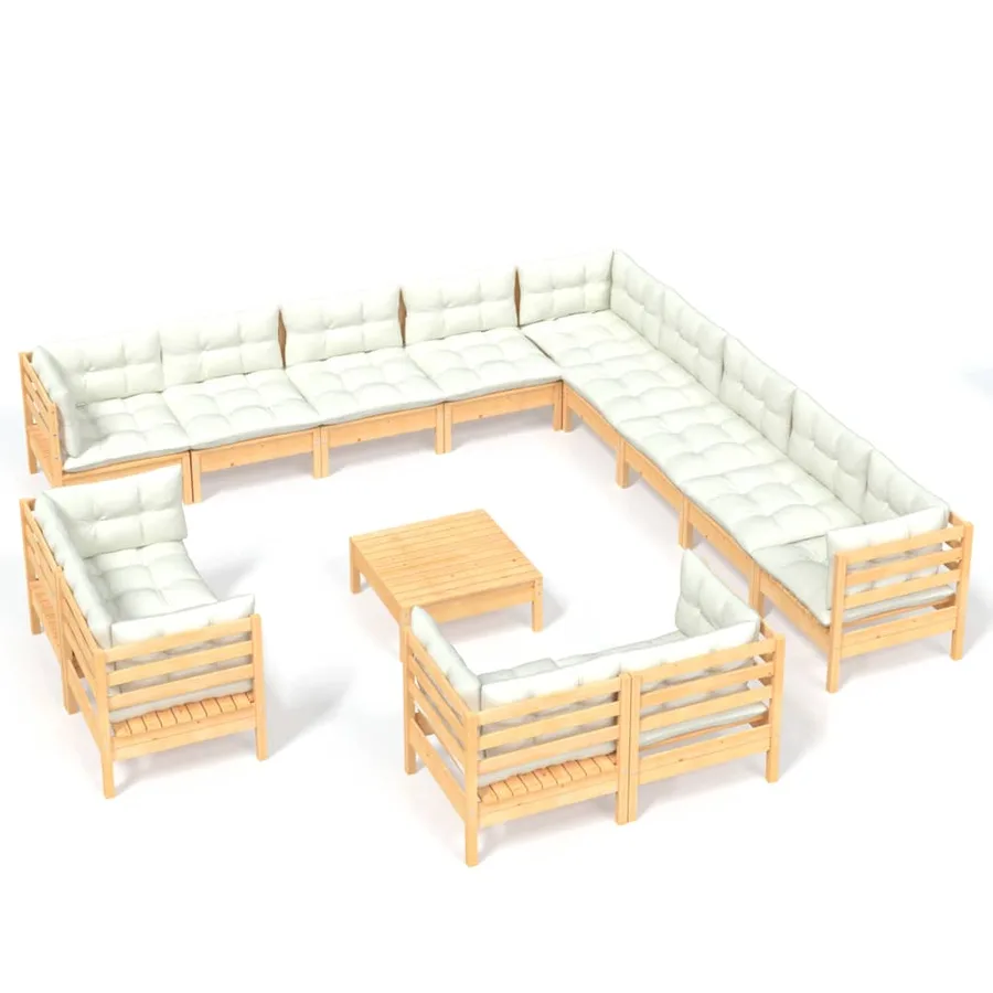 Salon de jardin 14 pcs avec coussins crème Bois de pin solide - 2