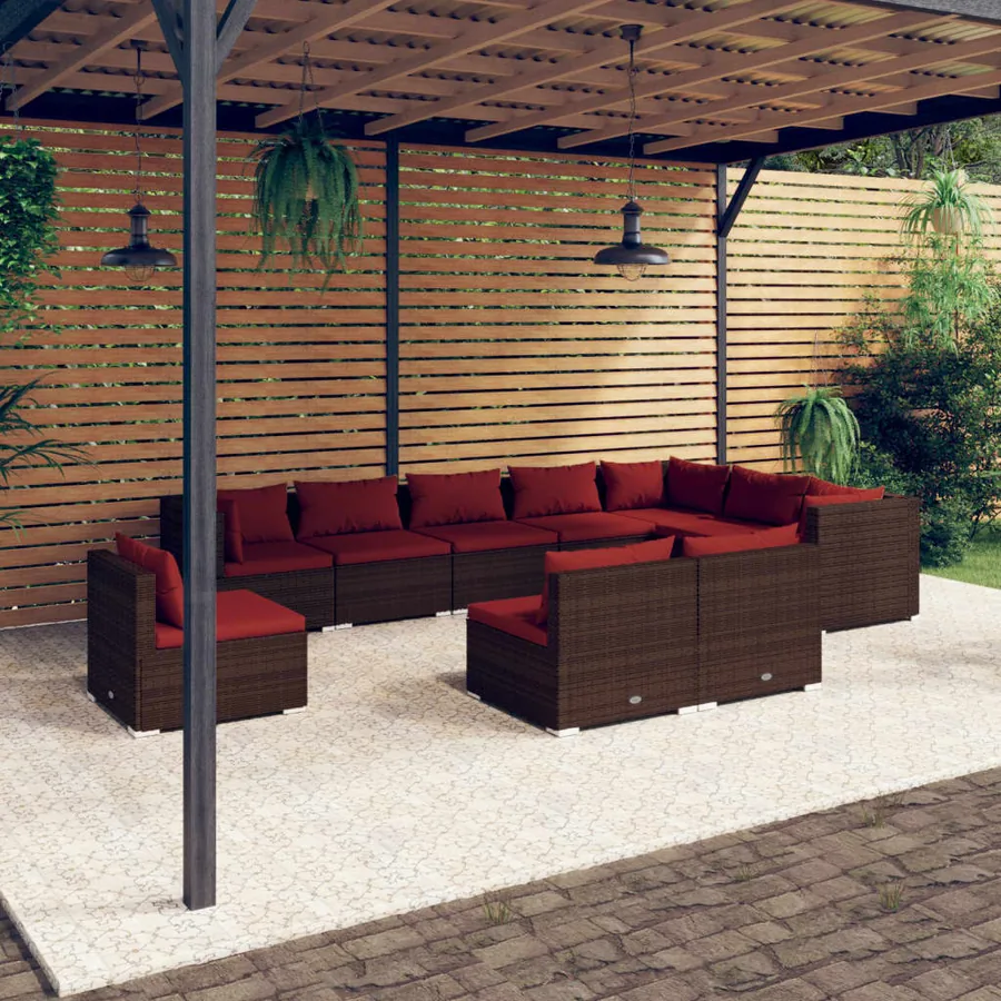 Salon de jardin 10 pcs avec coussins Résine tressée Marron