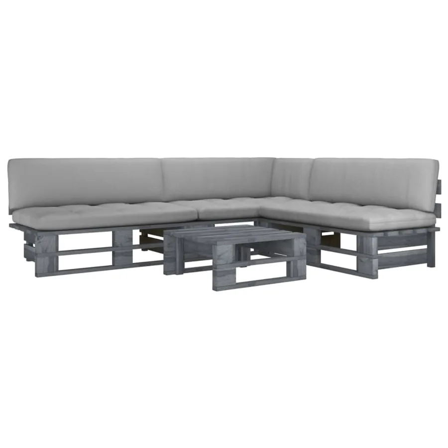 Salon de jardin palette 4pcs avec coussins Pin imprégné de gris