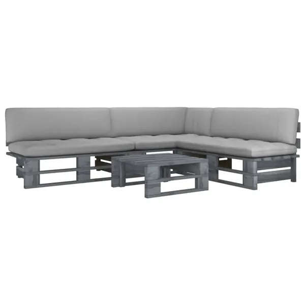 Salon de jardin palette 4pcs avec coussins Pin imprégné de gris