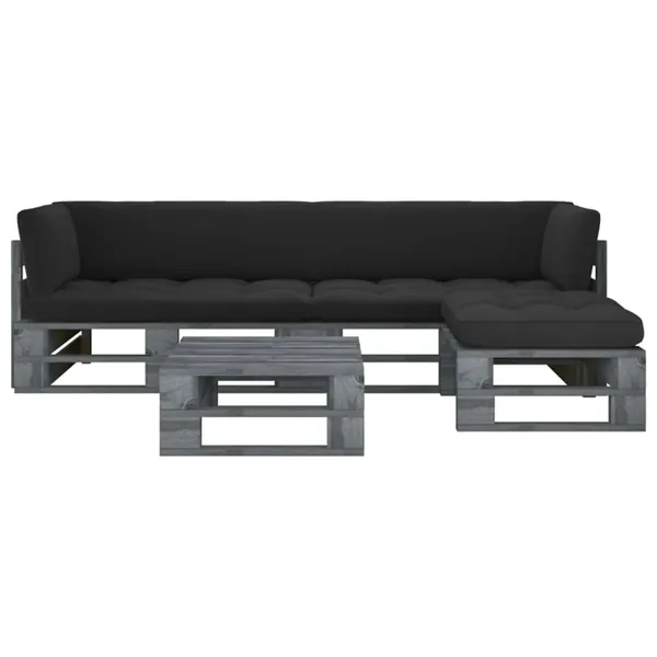 Salon de jardin palette 4pcs avec coussins Pin imprégné de gris