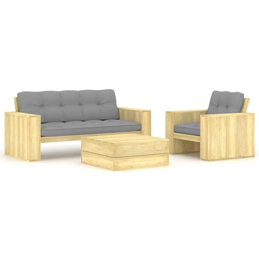 Salon de jardin 3 pcs avec coussins bois de pin imprégné
