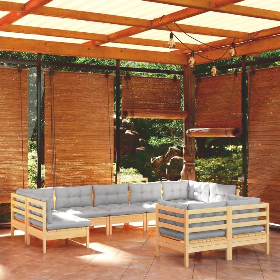 Salon de jardin 9 pcs avec coussins gris bois de pin massif
