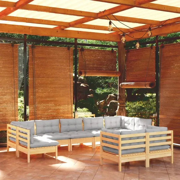 Salon de jardin 9 pcs avec coussins gris bois de pin massif