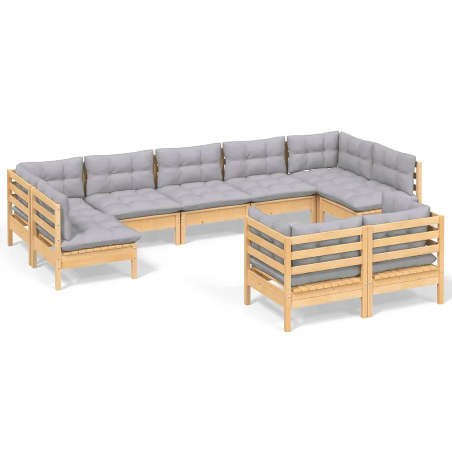 Salon de jardin 9 pcs avec coussins gris bois de pin massif - 2