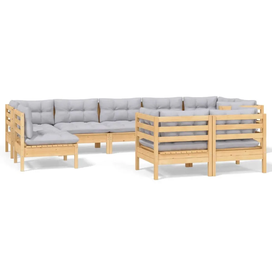 Salon de jardin 9 pcs avec coussins gris Bois de pin massif - 2