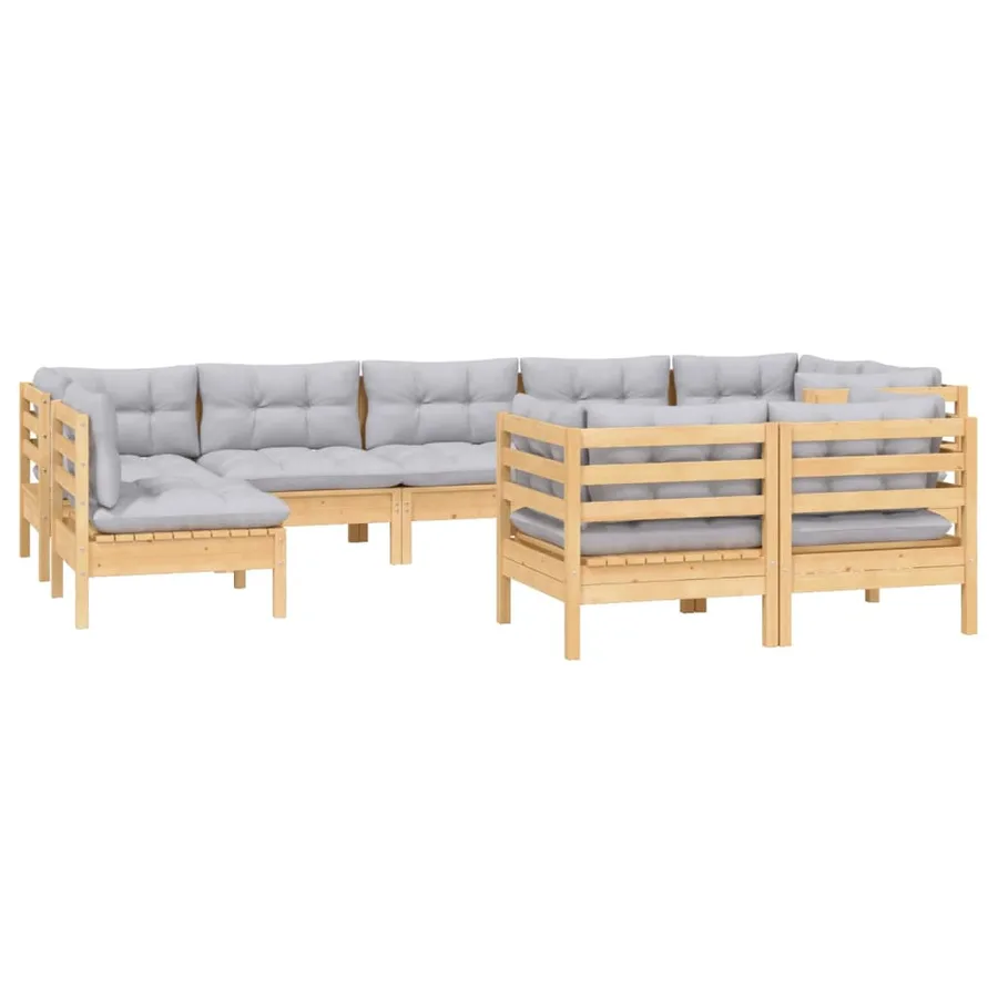 Salon de jardin 9 pcs avec coussins gris Bois de pin massif - 3