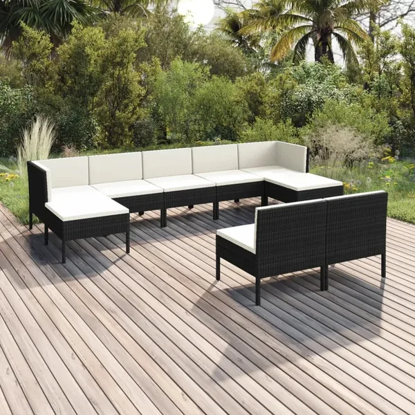 Salon de jardin 9 pcs avec coussins Résine tressée Noir