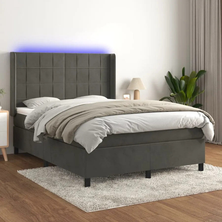 Sommier à lattes de lit matelas et LED Gris foncé 140x200 cm