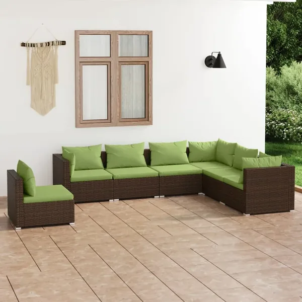 Salon de jardin 7 pcs avec coussins Résine tressée Marron