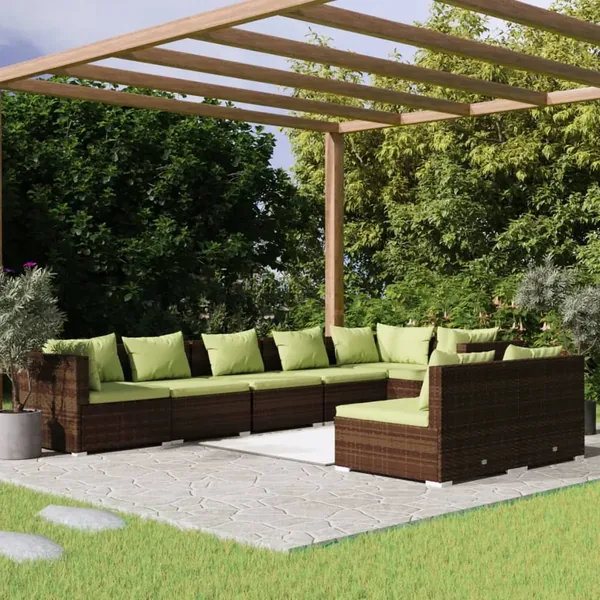 Salon de jardin avec coussins 8 pcs marron résine tressée