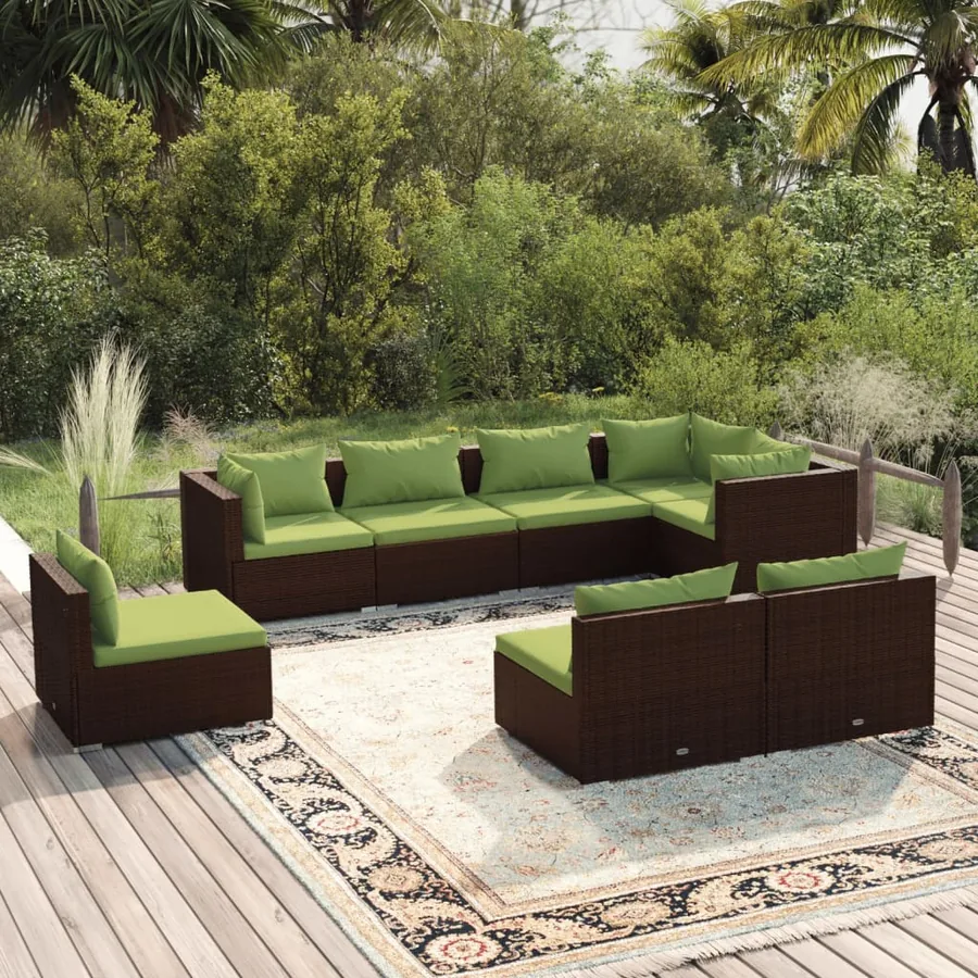Salon de jardin 8 pcs avec coussins résine tressée marron