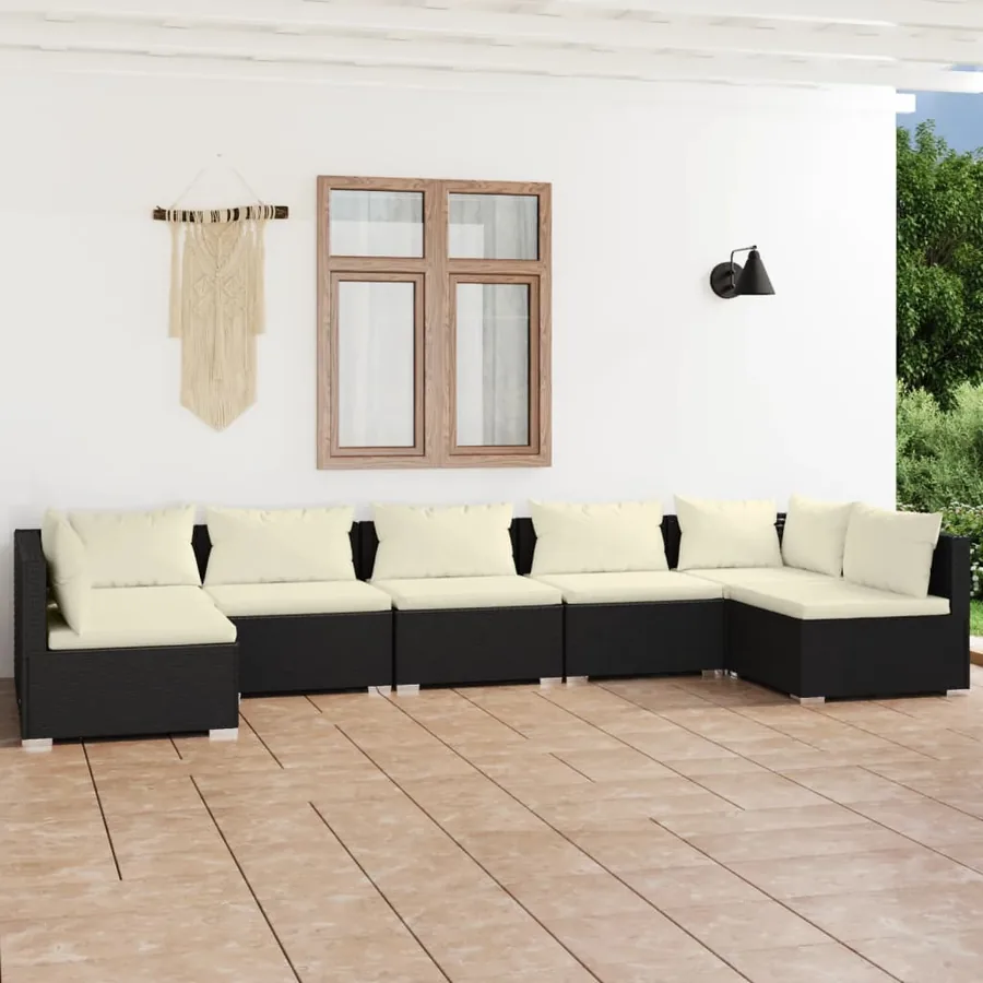 Salon de jardin 7 pcs avec coussins Résine tressée Noir