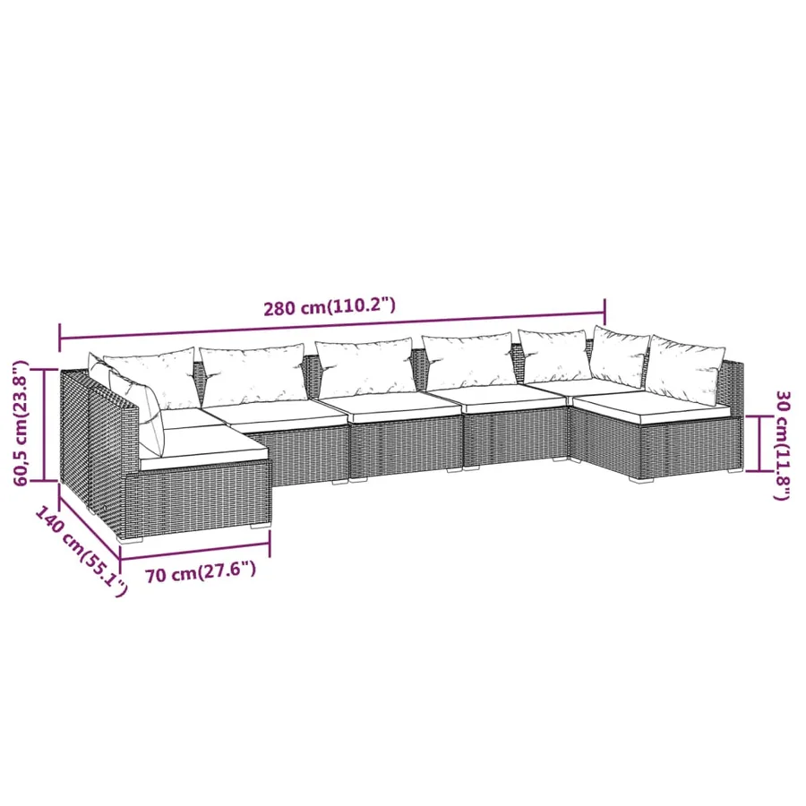 Salon de jardin 7 pcs avec coussins Résine tressée Noir - 7