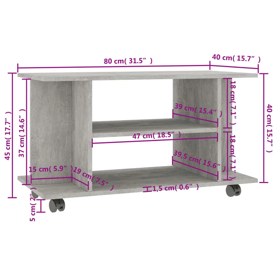 Meuble TV et roulettes gris béton 80x40x45 cm bois d'ingénierie - 6